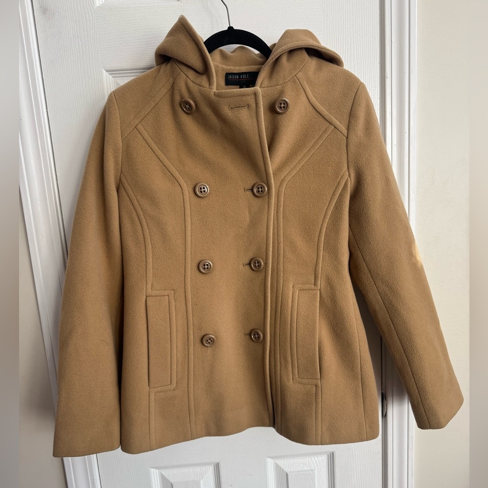 Wool Blend Tan Hooded Pea Coat Size Medium